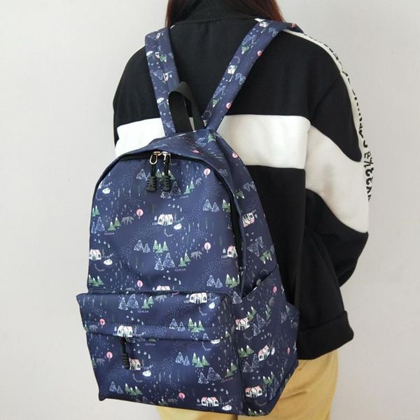 

nylon print backpack women bigcapacity shoulder bag for student zipper cartoon pack girls woman backpack blue shoulder pack