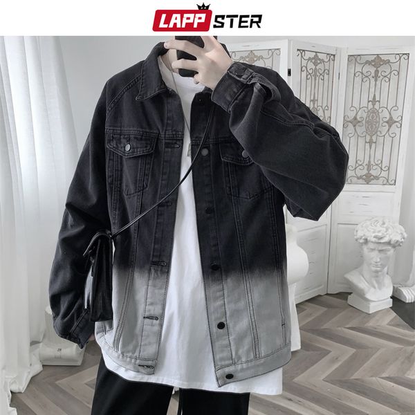 

lappster men tie-dye streetwear denim jacket 2020 mens black denim jacket vintage blue korean fashions windbreaker, Black;brown