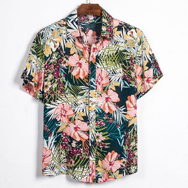 

2020 summer hawaiian shirt mens cotton short sleeve beach shirts floral printed loose shirts plus size men 3xl camisa masculina, White;black