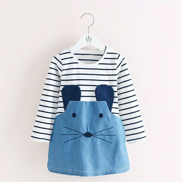 

long sleeve baby girls dress kid casual dress brand fancy stripe printed mouse denim clothes cotton dresses for baby daily wear, Red;yellow