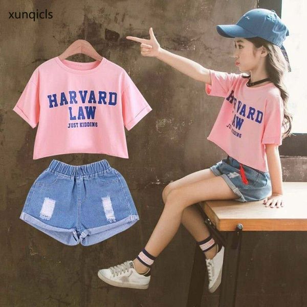 

new kids girls clothes set summer girl short sleeve t-shirt+shorts 2pcgirl outfits baby girls clothing 4 to 12year t200707, White