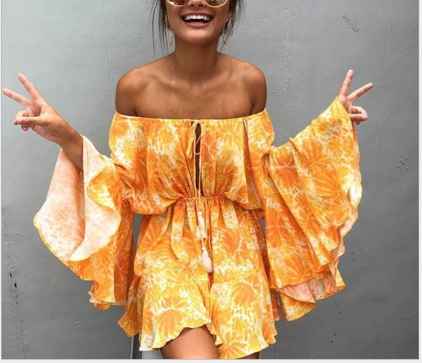 

2019 one-neck, off-the-shoulder floral beach jumpsuit, Black;white