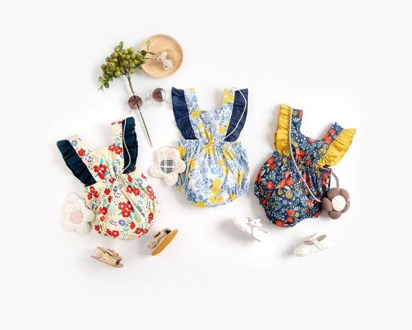 

2020 summer newborn baby girls cotton romper flower jumpsuit bodysuits, Blue
