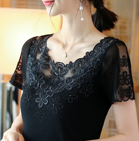 

2019 short-sleeved t-shirt embroidered gauze large size women's all-match t-shirt women's gauze, White