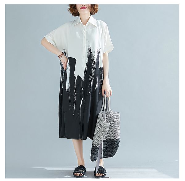 

p ammy 2020 new printed loose shirt dress spring summer sun protection clothing fashion women patchwork loose blouse dress, White