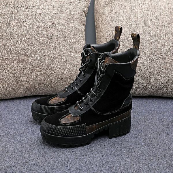 

high-end color matching lace-up martin boots 2020 thick bottom simple heel breathable women's boots high heel women's short boots, Black