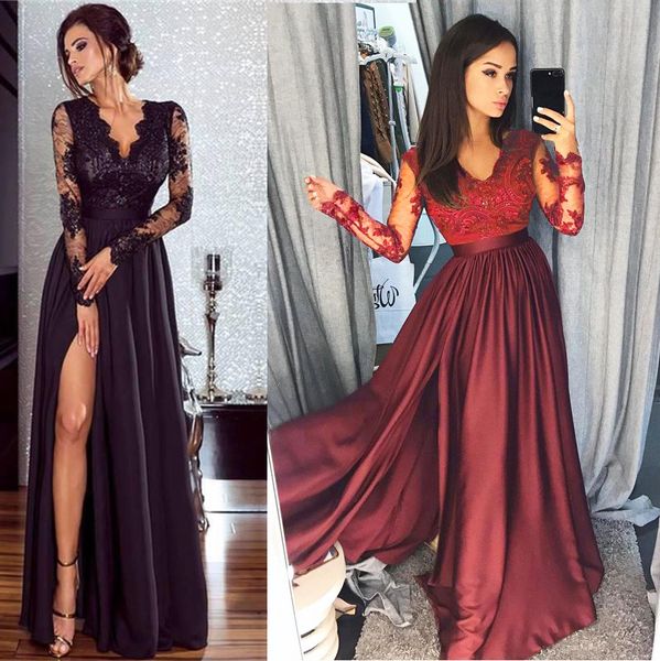 

backlakegirls 2019 deep v lace decor summer satin evening dress dresses full sleeves a line for formal party split joint, White;black
