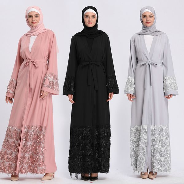 

muslim sequins mesh nida abaya maxi dress cardigan long robe gowns jubah kimono ramadan arab islamic kaftan worship service, Red
