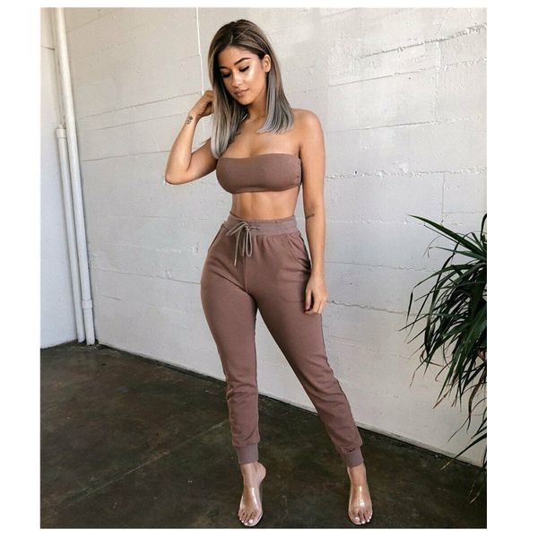 

2020 простой твердая лета женщин упражнение длинные штаны низ брюк высокая талия упругие тонкий fit узелок повседневная new sportswear, Black;white