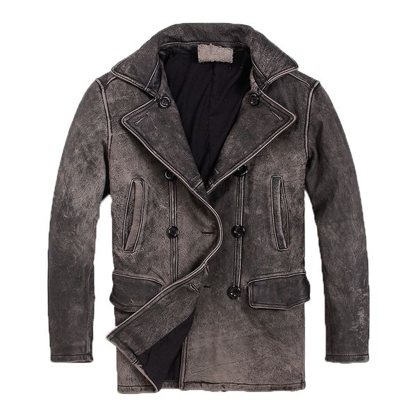 

damson vintage grey men double breasted leather jacket plus size xxxxxl genuine thick cowhide spring casual leather coat, Black