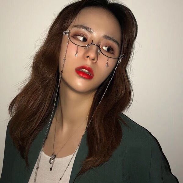 

fashion alloy eyeglasses frame for women eyewear water drop lensless chain pendant decoration half frame glasses, Black
