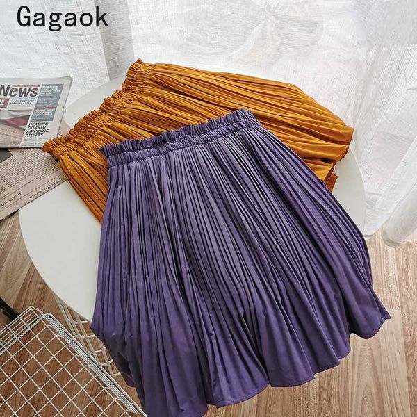 

gagaok women casual skirt 2020 summer new arrival solid empire pleated student loose wild simple female fashion korean skirts, Black