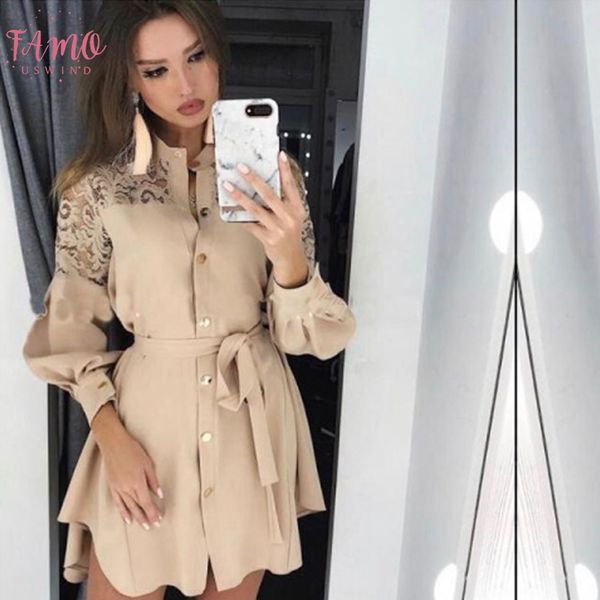 

2020 женщины кружева сращивания рубашка платья с длинным рукавом кнопка офисные женские платья сетка вышивка сплошной цвет пояса мини платье, Black;gray