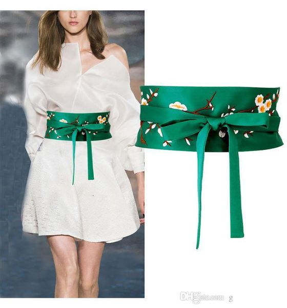 

women girls' embroidered waistband female silk wide belt fashion flowers embroidery retro national green lace up belt for dresses, Black;brown