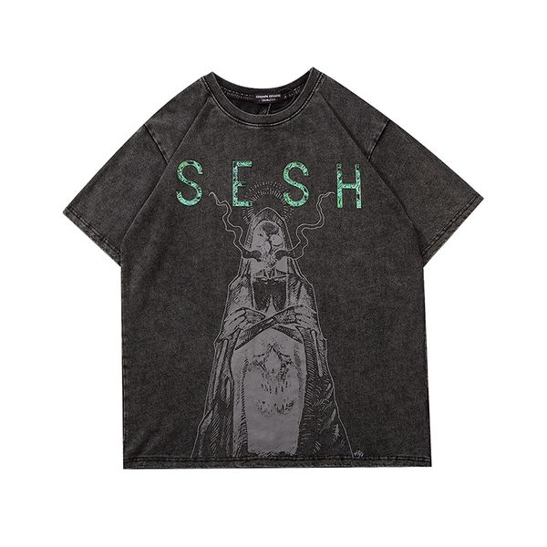 

20ss vintage wash harajuku mens tshirts o шея сыпучего хлопок хип-хоп футболки мужчины и женщины с коротким рукавом негабаритной футболка, White;black