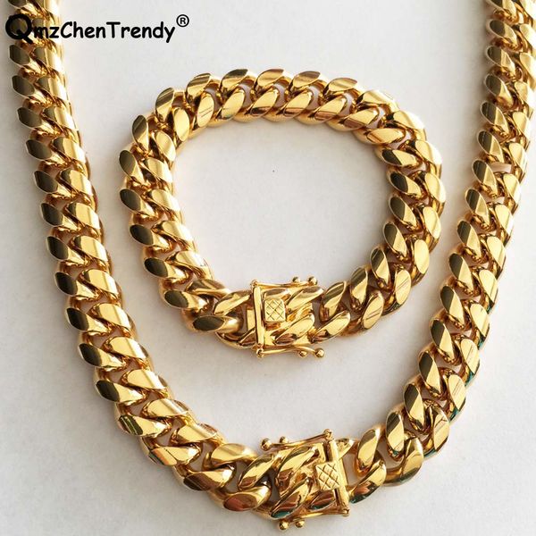 

14mm men miami cuban link chain necklace bracelets 316l stainless steel dargon clasp gold tone hip hop heavy chain jewelry set, Silver