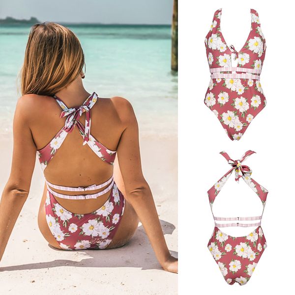 

swimwear women printed deep v neck lace up one-piece backless swimsuit halter bikini 2019 monokini high cut bathing suit