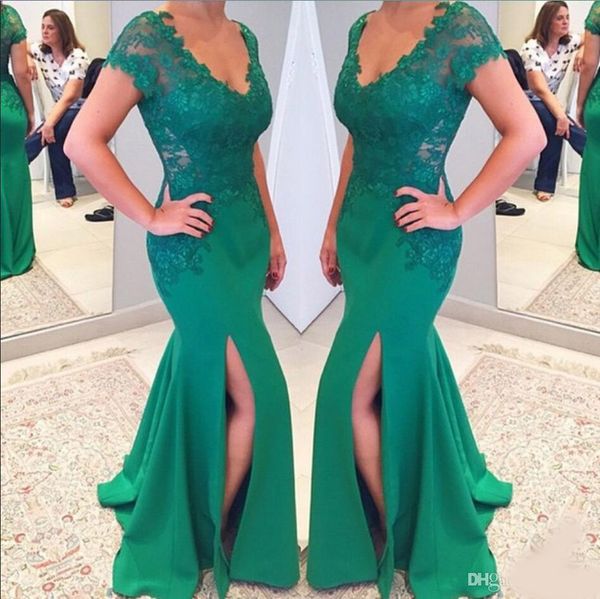 

green lace long mermaid mother of the bride dress floor length side split short sleeve formal evening gowns wedding guest party dress, Black;red