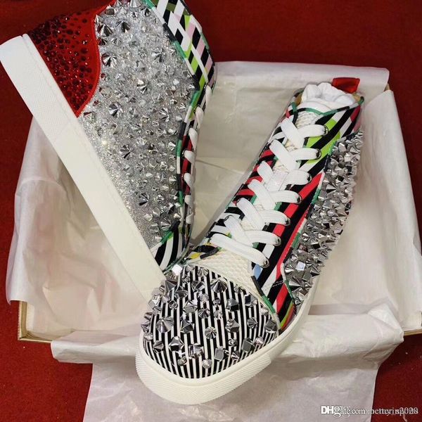 

luxurious designer louisflats red bottom men sneakers strass pik pik spikes shoes men dazzling crystal wedding party dress casual trainers, Black