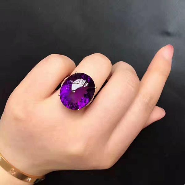 

fidelity natural 15*20mm purple crystal rings s925 sterling silver domineering fine jewelry for women natural amethyst gemstone, Golden;silver