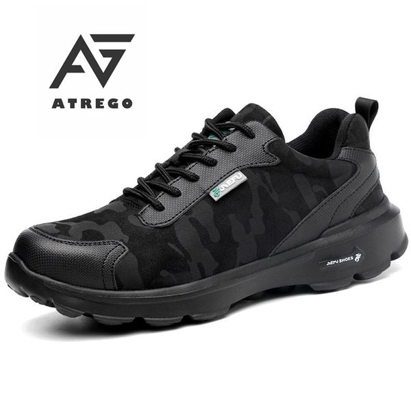 

atrego 2019 shoes men hiking steel toe nose work safety shoes grid lightweight sneaker prevent piercing protective mesh lace up, Black