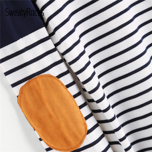 

женщина рубашка женская одежда полосатый elbow patch изогнутые хем тенниска женщин с длинным рукавом осень повседневная карман тенниска, White