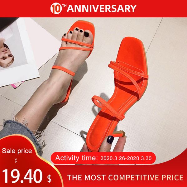 

2020 new summer women square toe sandals ladies pu leather women's mid high heels slippers female fashion woman shoes, Black