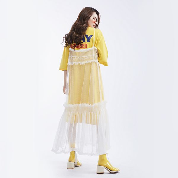 

wave. point dress woman student dress 2019 long fund skirt v lead lace camisole skirt 1040, White;black