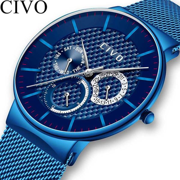 

civo blue sport watch mens waterproof chronograph date watch for men stainless steel mesh gents relogio masculino, Slivery;brown