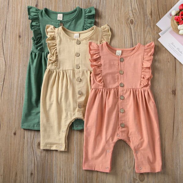 

2019 brand 0-18m cute newborn infant baby girl clothes ruffle romper summer sleeveless new solid button jumpsuit home outfit, Blue
