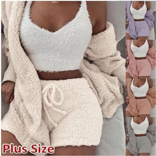 

2 pcs fashion velvet pajamas warm winter pajamas suit sleepwear long coat nightwear for pajama party women casual coat shorts suit s-3xl, White