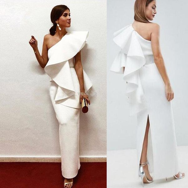 

elegant white satin evening dress ruffles one shoulder ankle length back split long saudi arabic prom formal party dresses robe de soiree, Black;red