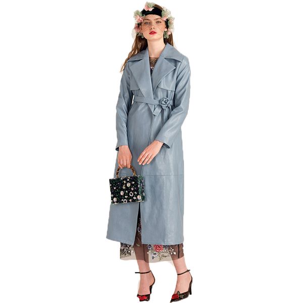 

faux leather coat women blue leisure pu jacket autumn winter new long sleeve lapel loose fashion long faux leather jacket lr443, Black