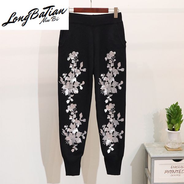 

two piece dress spring autumn flower embroidery knit sweaters black female casual tracksuits 2pcs pullover harem pants pieces set, White