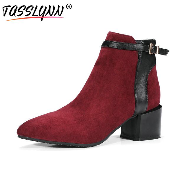 

tasslynn 2018 autumn women boots cool buckle suede woman shoes fashion round toe square med heels boots shoes big size 34-43, Black