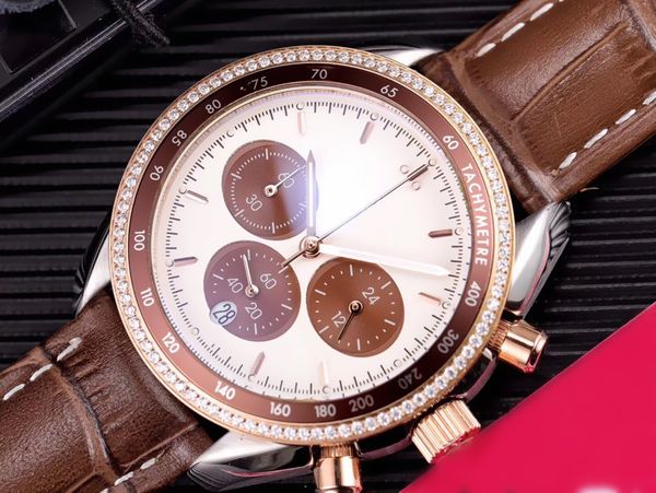 

38mm mens watches rose gold watch 324.23.38.50.02.002 chronograph function swiss quartz movement leather strap diamond bezel wristwatches, Slivery;brown
