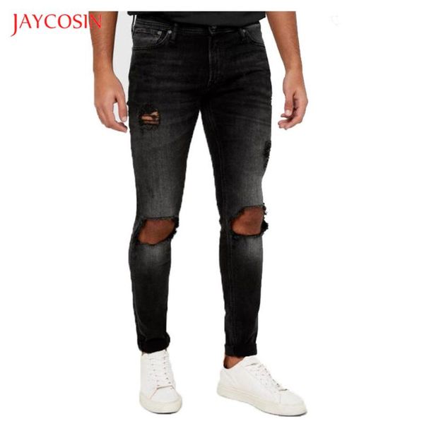 

jaycosin men's fashion causal jeans 2020 new black washed old pocket zipper slim fit pencil jeans pants men street hole trousers, Blue