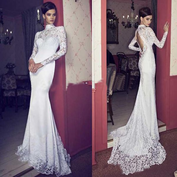 

Sexy High Neck Long Sleeve Lace Wedding Dresses 2019 Newest Backless Fitted Mermaid Bridal Gown Custom made Vestios De Festa