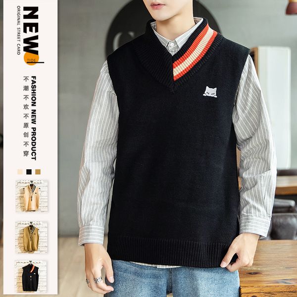 

2019 uyuk new v collar fashion trend youth korean mosaic collage style men set vest sweater clothes masculina homme casual, White;black