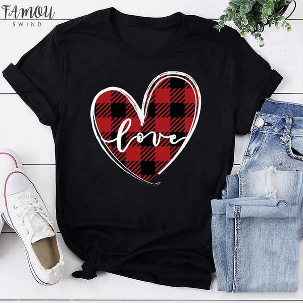 

love t shirt lover funny t shirts women tumblr plaid heart graphic tee short sleeve clothing dropshipping, White