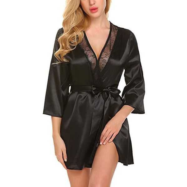 

women lace patchwork long sleeve nightgown kimono satin bath robe lingerie sleepwear v-neck nightwear, Black;red