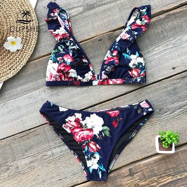 

cupshe ruffled floral print bikini sets women thong two pieces swimsuits 2019 girl cute bathing suits swimwear