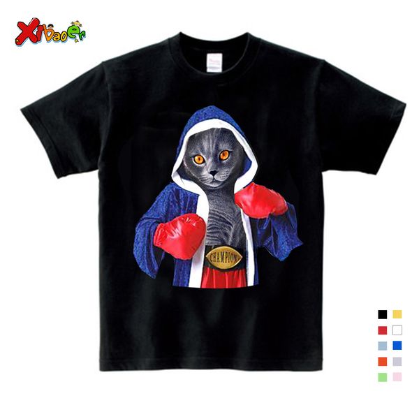 

super cool boxing cat attack kids on vacation t-shirts summer children cotton baby clothes boys/girls casual tees, Blue