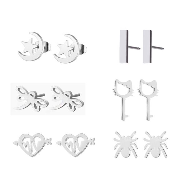 

sasusp 6 pair stainless steel moon star spider dragonfly cat heart square punk earrings for women men lovers earing jewelry 2020, Golden;silver