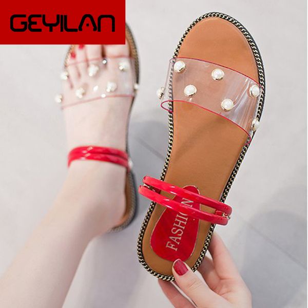 

women summer pvc flat slippers woman transparent slip on sandals female open toe pearl border ladies fashion shoes new drop ship, Black