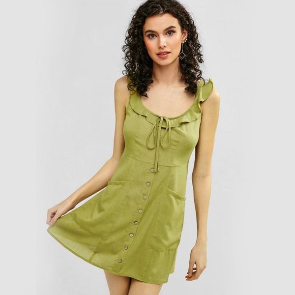 

2020 european and american fashion casual summer dress suspenders button straps ruffled dress, Black;gray