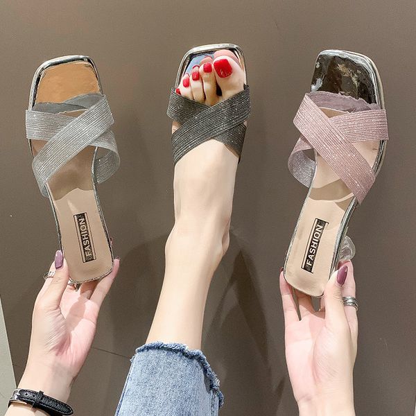 

square heel shoes slippers heels glitter slides slipers women med fashion block high jelly summer 2020 pu rome hoof, Black