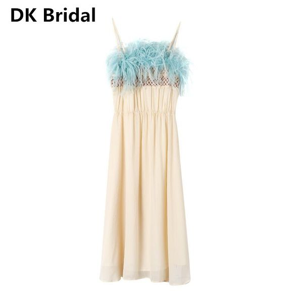 

dk bridal evening dress 2019 a line chiffon with spaghetti straps feathers long prom party dress evening gowns formal, White;black