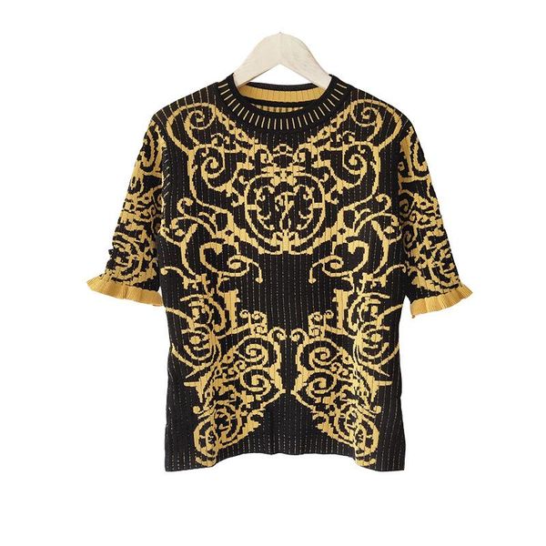 

мода ретро тенденция 2019 осень и зима женская новая золотая линия жаккардовые цветочные рукава деревянные уха шею пуловер трикотаж топ, White;black