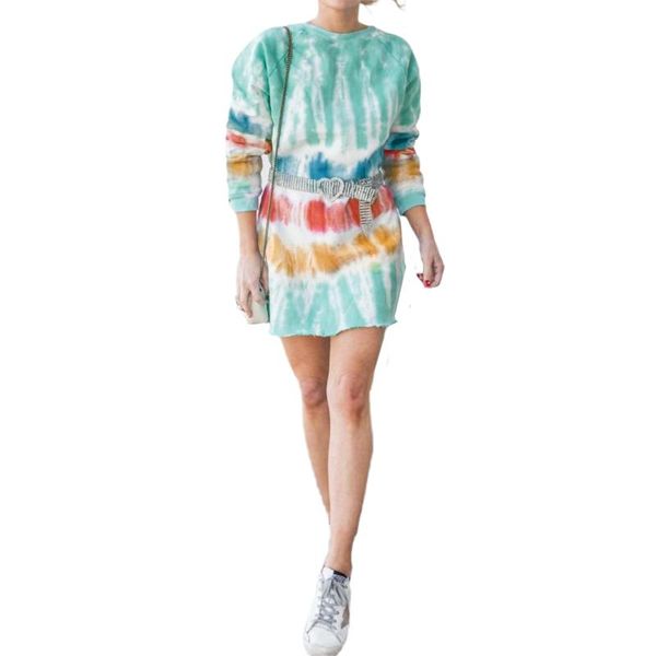 

casual dresses fashion women ladies long sleeve o neck tie-dye autumn spring loose mini dress, Black;gray